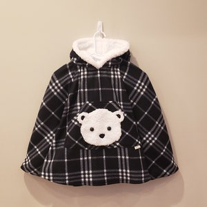 Black & White Plaid Polar Bear Carseat Poncho: Sherpa Hood