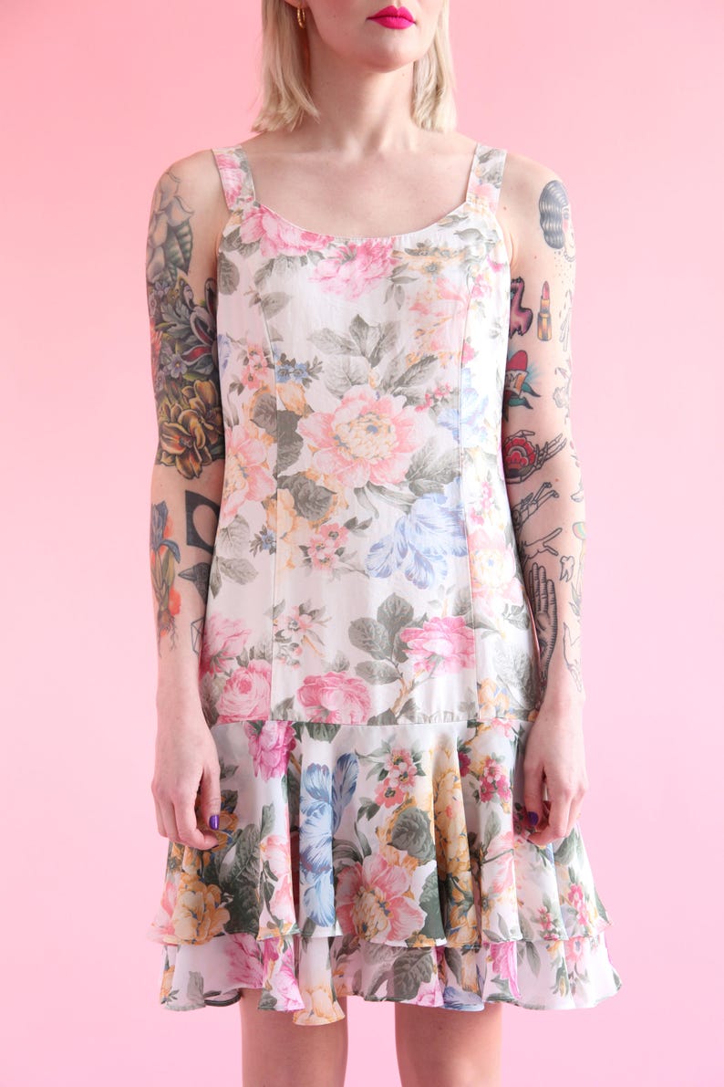 SALE Vtg 90s Pastel Floral Drop Waist Chiffon Dress w Ruffle Skirt sz Medium