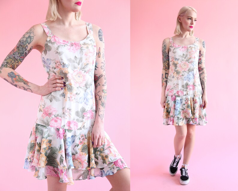 SALE Vtg 90s Pastel Floral Drop Waist Chiffon Dress w Ruffle Skirt sz Medium