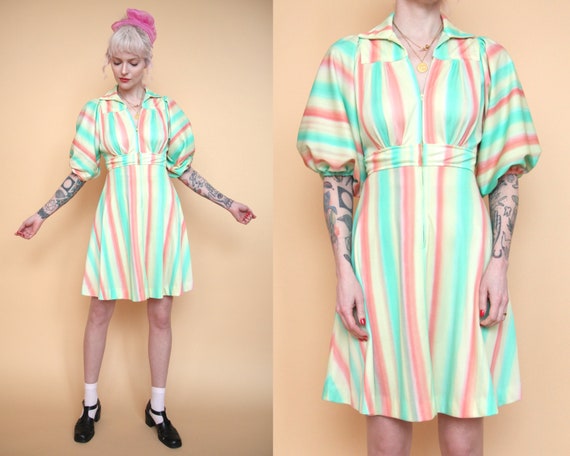 Vtg 70s Pastel Sherbet Striped Mini Dress w/ Ballo