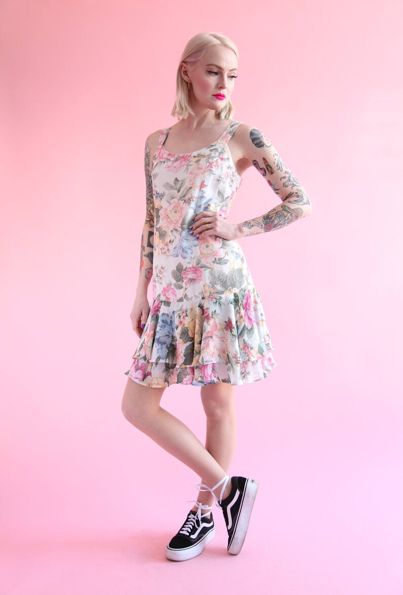 SALE Vtg 90s Pastel Floral Drop Waist Chiffon Dress w Ruffle Skirt sz Medium