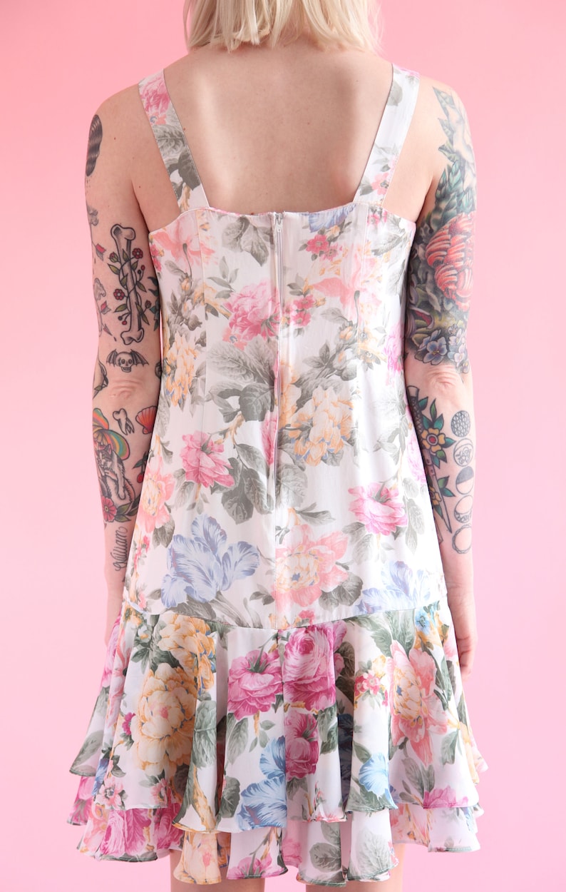 SALE Vtg 90s Pastel Floral Drop Waist Chiffon Dress w Ruffle Skirt sz Medium