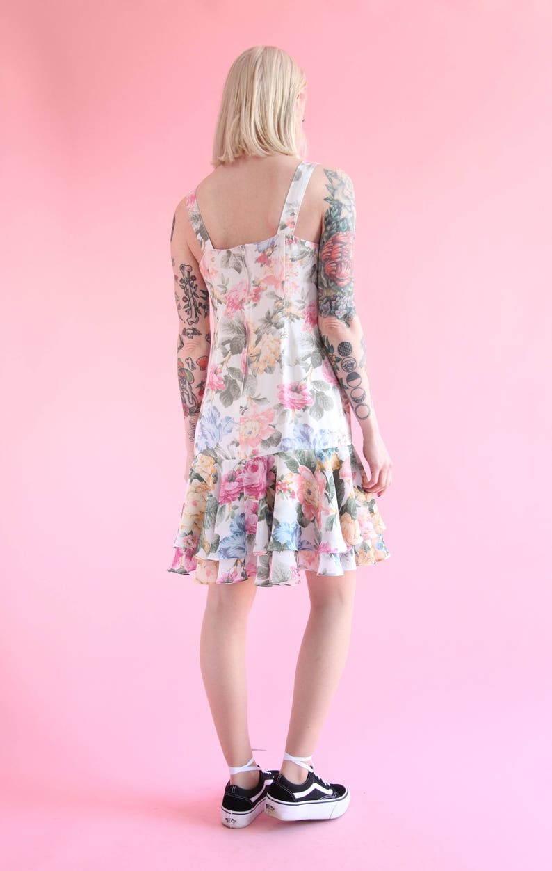 SALE Vtg 90s Pastel Floral Drop Waist Chiffon Dress w Ruffle Skirt sz Medium