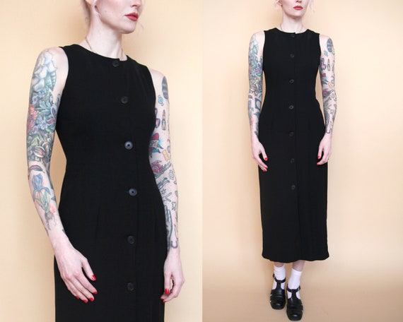 Vtg 90s Minimalist Black Button Up Fitted Midi Dre