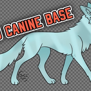 May include: A digital illustration of a light blue canine, possibly a wolf or fox, in a walking pose. The image includes the text "P2U CANINE BASE" in a red and white outlined font. The background is a transparent checkerboard pattern.
