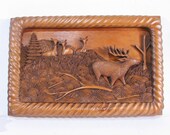 Handcarved wooden panel, France, stag deer, fawn doe diorama sculpted in single piece of wood, one-off wall art plaque