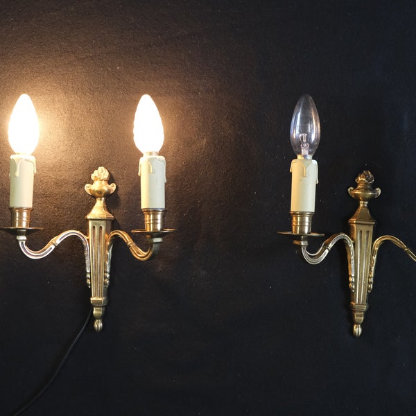Pair of Empire Style French sconces / vintage bronze or brass 2-branch flames and columns wall lights / 8 1/4 inches tall /  France
