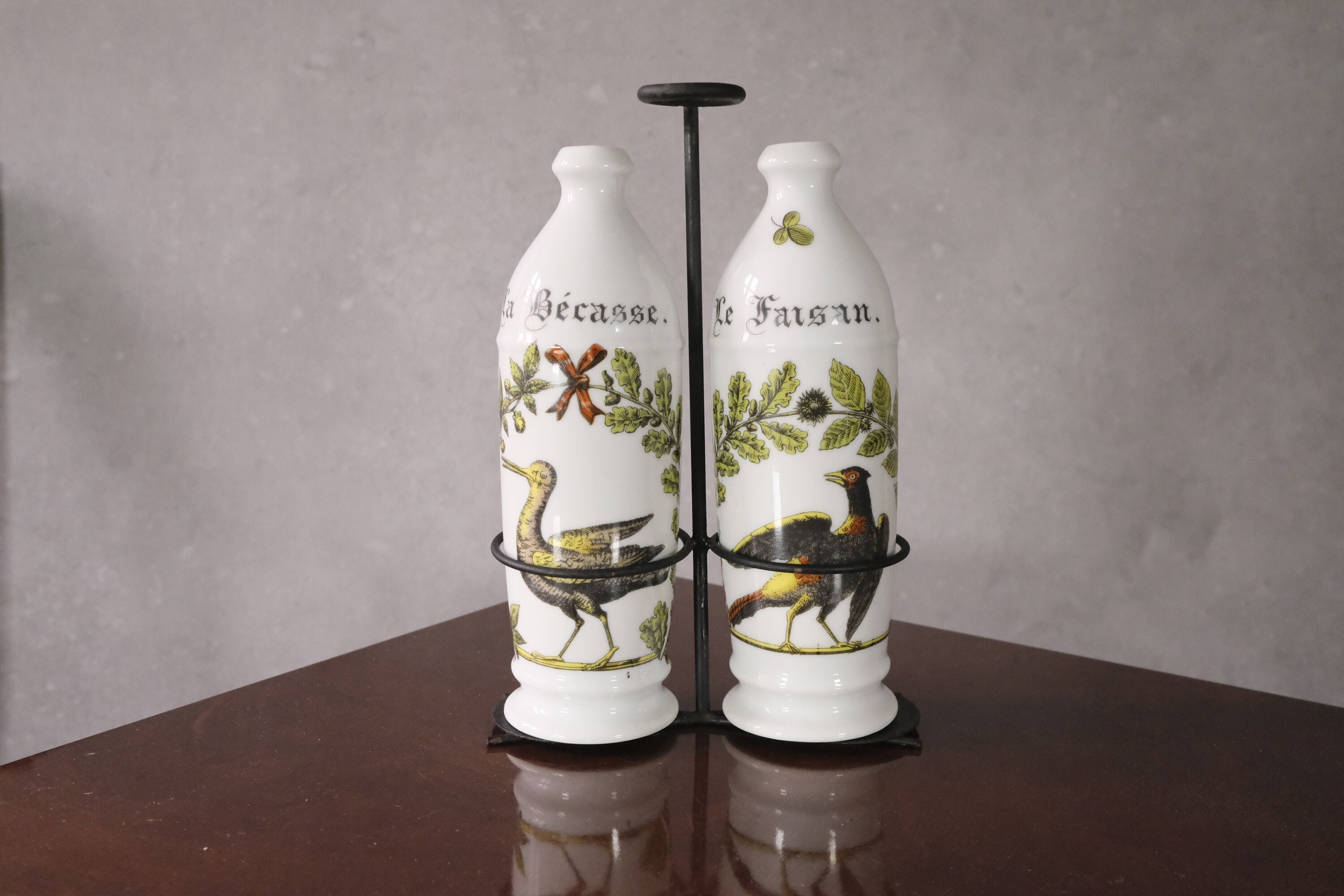 Ensemble Cruet Distributeur de Vinaigre & Huile/Porcelaine Vintage Français Auteuil Par Jacques Lobj