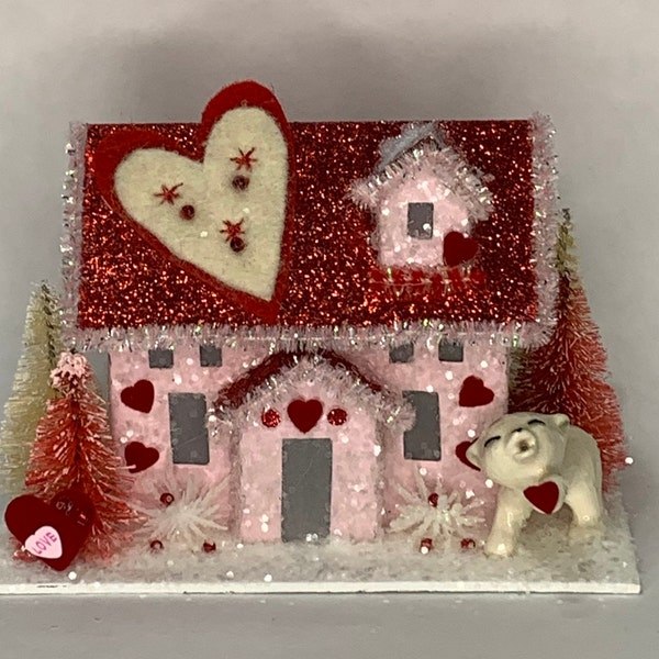 Happy Valentine's Day 'Polar Bear Smooches' Holiday Glitter Putz House