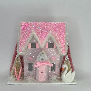 Merry Christmas &#39;Candy Pink&#39; Holiday Display Glitter Putz House