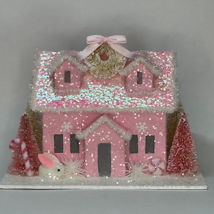 Merry Christmas &#39;Glistening Snow Light&#39; Holiday Display Glitter Putz House