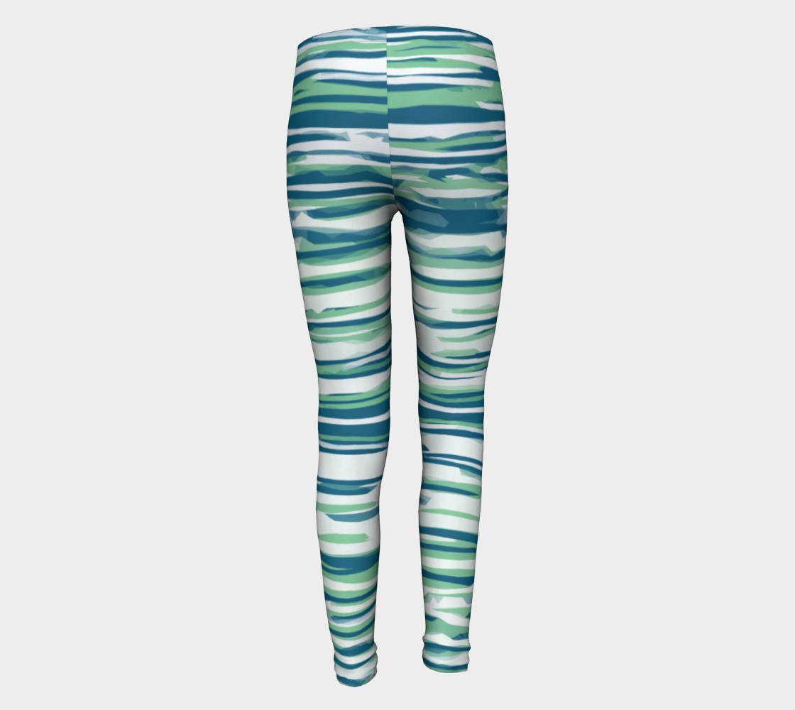 Girls Leggings, blue and green Striped Leggings, Girls Yoga Leggings