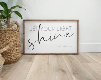Let your light shine, large wood sign, home decor, wall hanging, Bible verse, scripture, painted home decor, farmhouse, coastal, vintage art