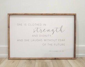 Proverbs 31:25 Sign Bible Verse The Wife Of Noble CharacterWood Sign Wall Art Hanging Scripture Painted Home Decor Farmhouse Gift For Her