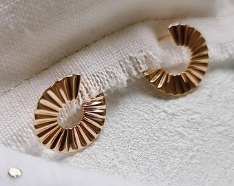 Gold plated hoop textured earrings/ Statement 14K gold plated earrings/Creoles earrings/ Organic shape earrings/Geometric stud earrings