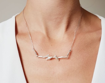 Silver birds on a branch necklace with rose gold beads on lurex thread/ Dainty 925 sterling silver birds pendant necklace/ Birdy and Branch.