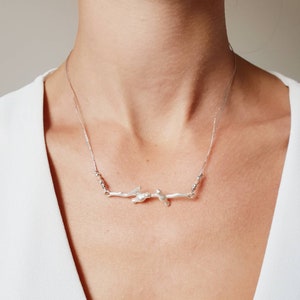 Silver birds on a branch necklace with rose gold beads on lurex thread/ Dainty 925 sterling silver birds pendant necklace/ Birdy and Branch.
