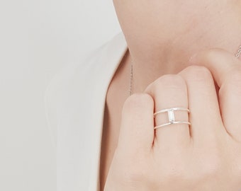 Double band Sterling silver ring/  baguette zircon ring / Dainty minimalist wide ring/ Slightly adjustable ring.