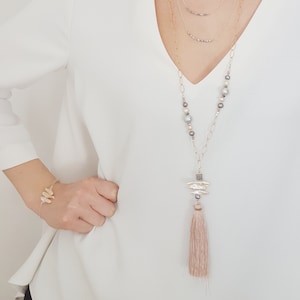 Freshwater, tassel layered long necklace on rose gold chain with grey drusy. Blush gray long rose gold necklace. Customised Necklace image 1