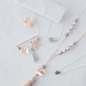 Freshwater, tassel layered long necklace on rose gold chain with grey drusy. Blush gray long rose gold necklace. Customised Necklace image 2