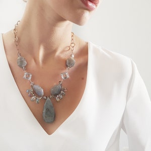 Labradorite chunky statement necklace/ Labradorite teardrop statement necklace on 925 sterling silver chain/ Swarovski crystal necklace. image 1