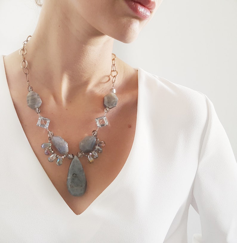 Labradorite chunky statement necklace/ Labradorite teardrop statement necklace on 925 sterling silver chain/ Swarovski crystal necklace. image 1