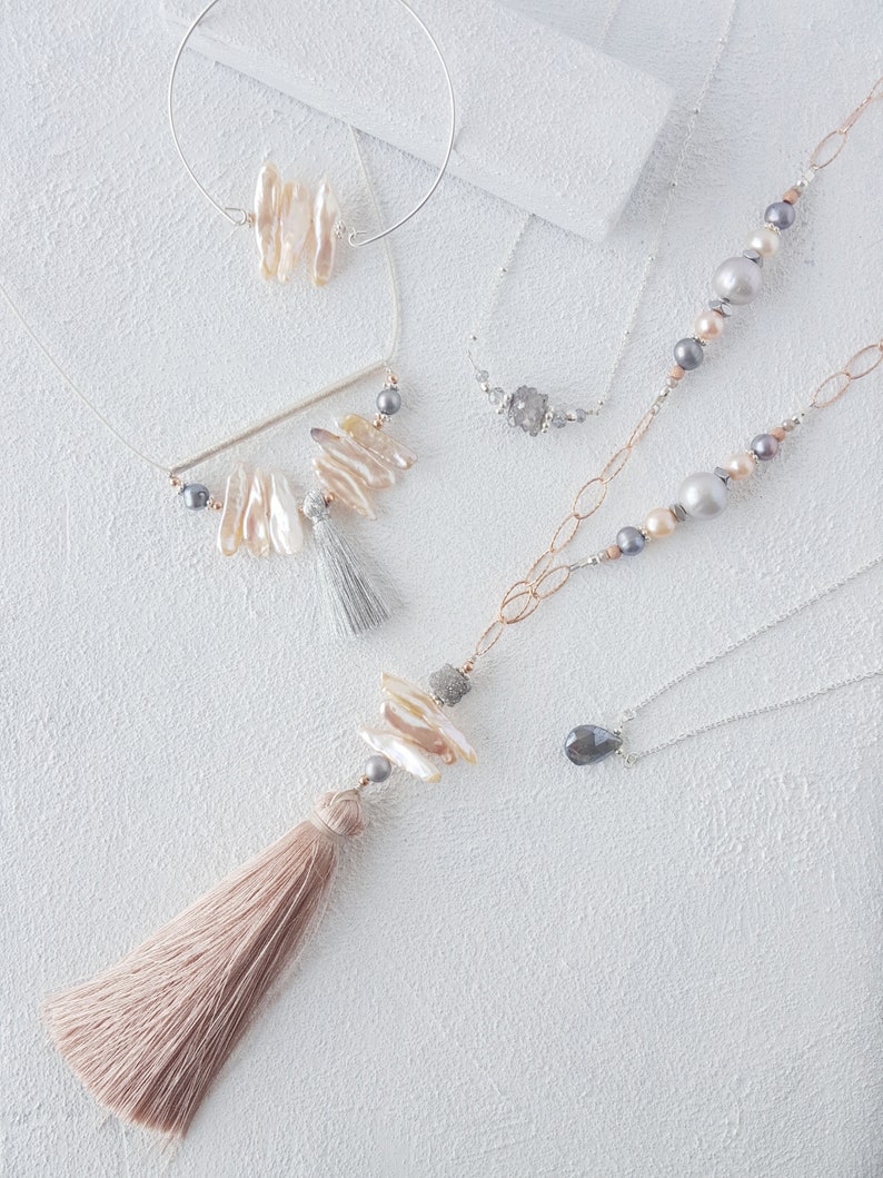 Freshwater, tassel layered long necklace on rose gold chain with grey drusy. Blush gray long rose gold necklace. Customised Necklace image 2