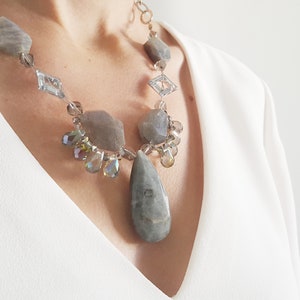 Labradorite chunky statement necklace/ Labradorite teardrop statement necklace on 925 sterling silver chain/ Swarovski crystal necklace. image 2