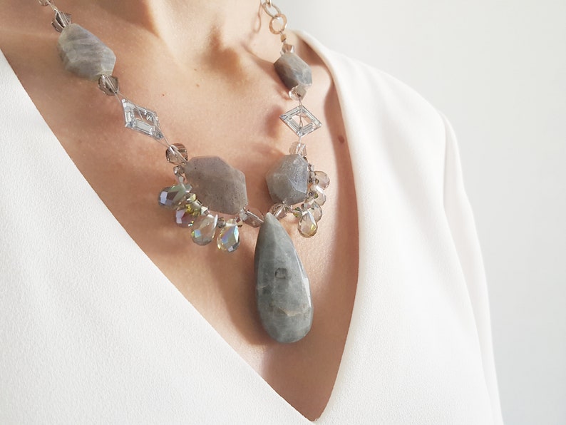 Labradorite chunky statement necklace/ Labradorite teardrop statement necklace on 925 sterling silver chain/ Swarovski crystal necklace. image 2