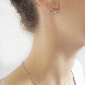 Hexagon 925 sterling silver post earrings with zirconium/ Minimalist earrings/ Geometrical earrings/ Bridesmaid gift earrings/ image 2
