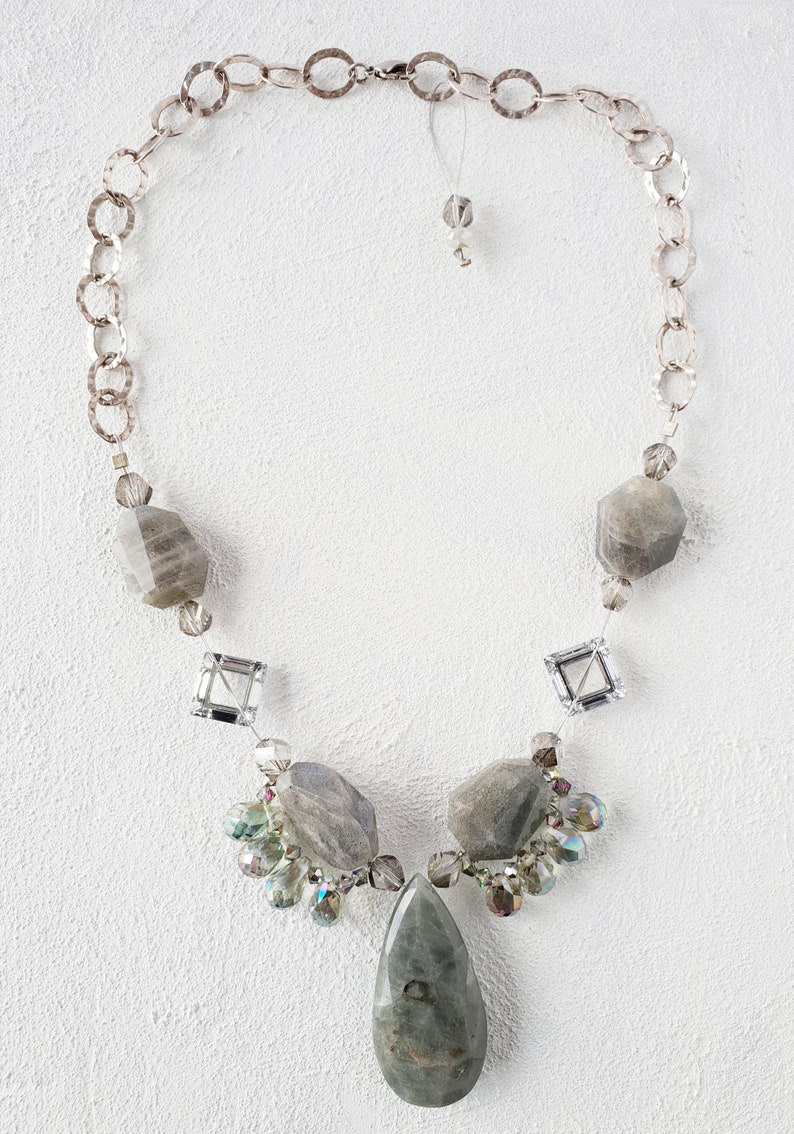 Labradorite chunky statement necklace/ Labradorite teardrop statement necklace on 925 sterling silver chain/ Swarovski crystal necklace. image 4