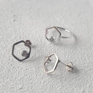 Hexagon 925 sterling silver post earrings with zirconium/ Minimalist earrings/ Geometrical earrings/ Bridesmaid gift earrings/ image 6