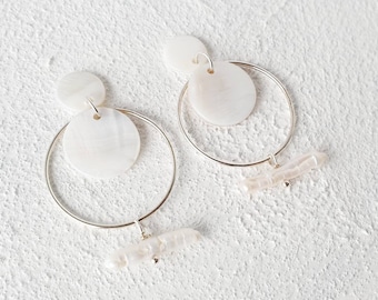 Shell hoop earrings/ Mother of pearl drop earrings/Geometric droop earrings/ summer earrings/ boho hoop earrings/ statement lightweight stud