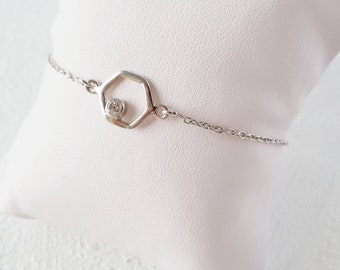 Silver hexagon geometric Bracelet/ Sterling silver chain bracelet with zircon/ Minimalist bracelet/ dainty geometric bracelet/ under 50.