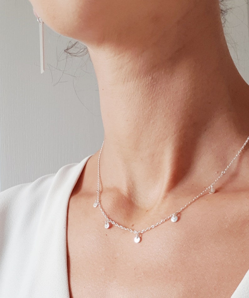 925 sterling silver dangle drop choker necklace/ Dainty charm silver necklace/ Layered silver necklace/ Minimalist tiny drop choker. image 1