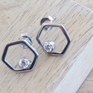 Hexagon 925 sterling silver post earrings with zirconium/ Minimalist earrings/ Geometrical earrings/ Bridesmaid gift earrings/ image 5
