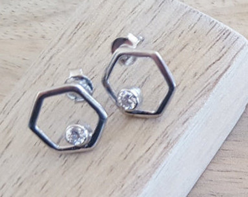 Hexagon 925 sterling silver post earrings with zirconium/ Minimalist earrings/ Geometrical earrings/ Bridesmaid gift earrings/ image 5