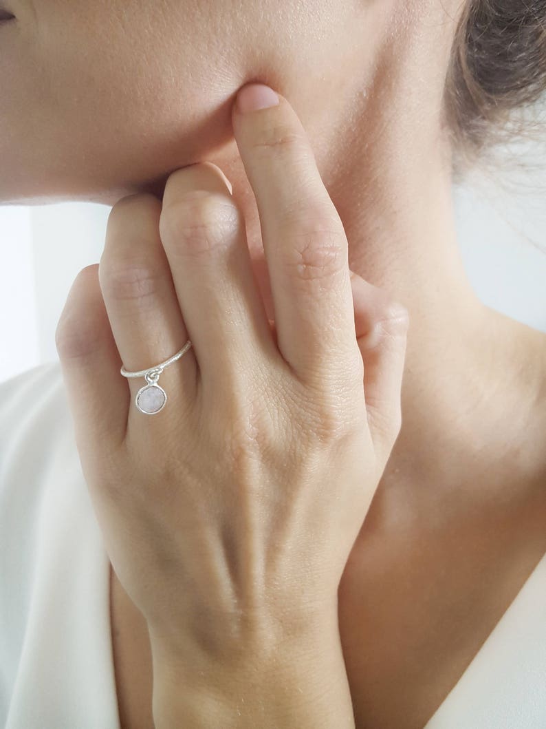 Dainty silver ring with moonstone charm Minimalist 925 sterling silver ring with gemstones charm Stackable ring Gift for her.