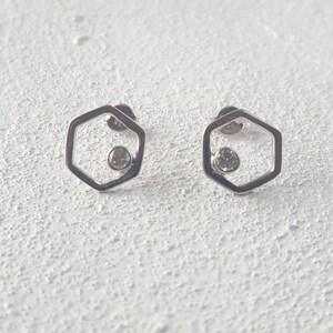 Hexagon 925 sterling silver post earrings with zirconium/ Minimalist earrings/ Geometrical earrings/ Bridesmaid gift earrings/ image 4