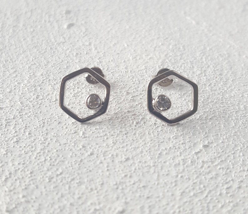 Hexagon 925 sterling silver post earrings with zirconium/ Minimalist earrings/ Geometrical earrings/ Bridesmaid gift earrings/ image 4