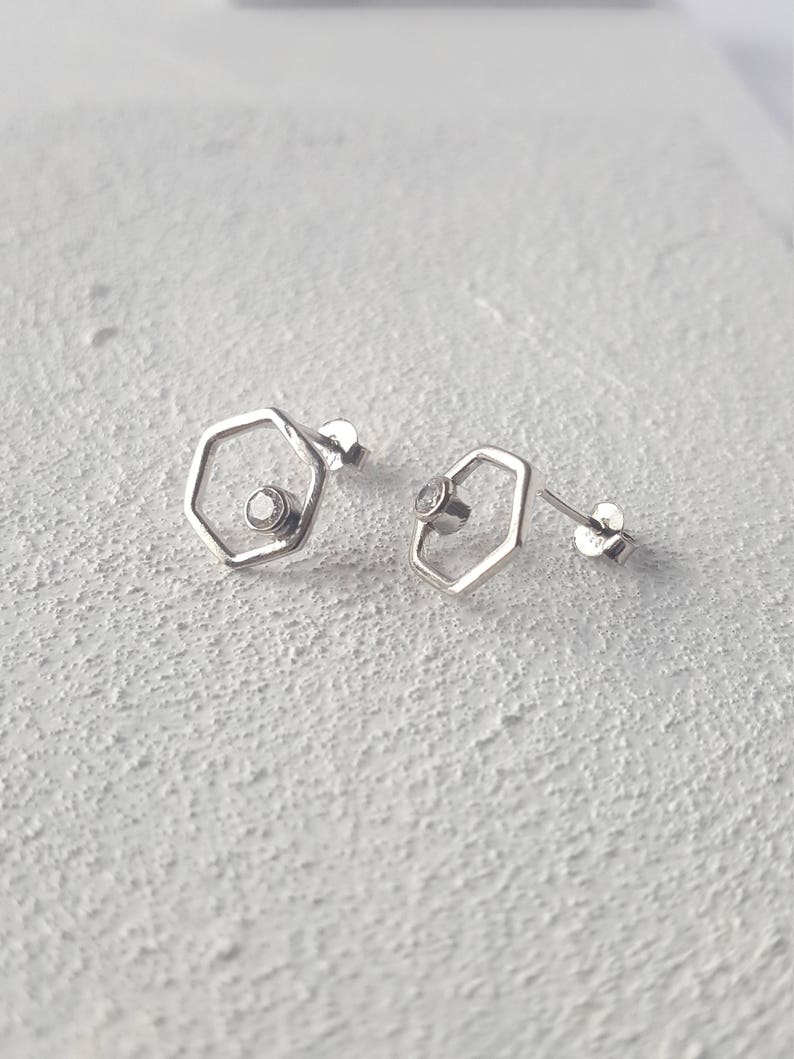 Hexagon 925 sterling silver post earrings with zirconium/ Minimalist earrings/ Geometrical earrings/ Bridesmaid gift earrings/ image 1