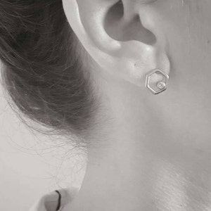 Hexagon 925 sterling silver post earrings with zirconium/ Minimalist earrings/ Geometrical earrings/ Bridesmaid gift earrings/ image 3