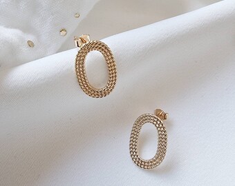 14K gold plated oval earrings/Light weight gold/ Organic shape earrings/ Geometric stud earrings/ Gift for her