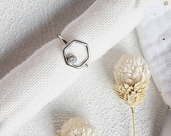 Silver hexagon ring  with clear zirconium/ Sterling silver geometric ring/ Minimalist ring/ Gift under 50 usd.