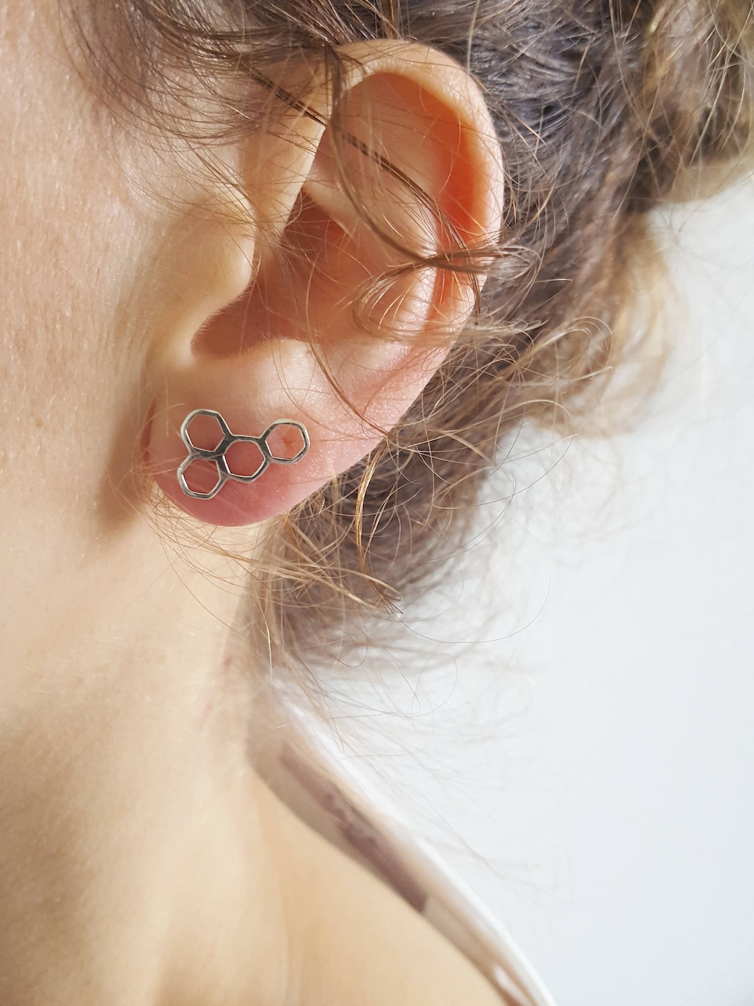 Silver Hexagonal Earrings/ Geometric Sterling Silver Post Earrings/ Minimalist Hexagon