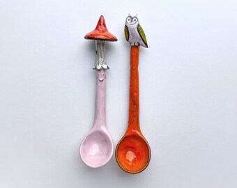 Set Of 2 Spoons. An Owl and Pink Mushroom Spoon!!!