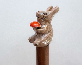 Small Bunny with Orange Mushroom Ceramic and Walnut Wooden Spoon, Length 8.3 in (21 cm), Diameter 1.8 in (4.5 cm)