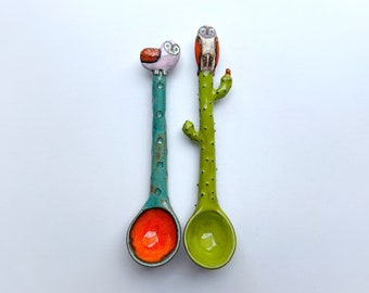 Set Of 2 Spoons. Pink Owl And Owl On Cactus Spoon!!!