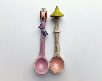 Set Of 2 Spoons. Green Mushroom And Owl Pink Spoon!!!