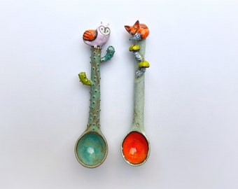 Set Of 2 Spoons. Fox And Owl On Cactus Spoon!!!